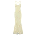 Pale yellow fishtail maxi dress with 3D floral embroidery and lace-up back detail - S / Yellow