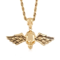 Hip hop style gold skull necklace with angel wings pendant on a twisted rope chain - Gold Double Wing Skull Pendant (KP36849-D)