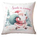 Detail of watercolor Santa Claus illustration and 'Santa is coming' text on square pillowcase - Santa is Coming