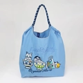 Light blue nylon tote bag featuring colorful naughty kitty embroidery and braided handles - Blue Teacup Cat