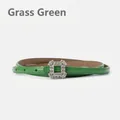 Slim grass green genuine leather belt for women featuring a square rhinestone-studded buckle - Grass Green