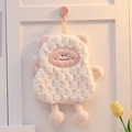 Cute white cartoon monster hand towel with pink hanging loop in soft coral fleece - Cute Monster / Pure White