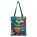 Canvas tote bag with vibrant owl art print and durable dark green handles - Owl