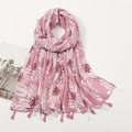 Pink cotton linen floral scarf with white daisy print and fringe tassels - Xb512-01 / 180*90CM