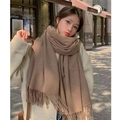 Detail of dark brown faux cashmere scarf with soft tassel trim and thick knit texture - Light Coffee