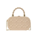 Elegante bolso caja beige con grabado floral y correa de cadena dorada fina - Caqui