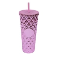 Pink studded plastic tumbler with diamond texture and matching straw for cold drinks - Electroplated Pink