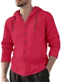 Men's hooded cotton linen shirt in vibrant red with drawstring and button details - Burgundy