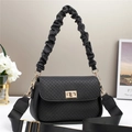 Classic black quilted PU leather shoulder bag with ruched handle and wide fabric strap - Black