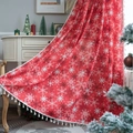 Rideau de Noël rouge avec motifs flocons de neige blancs et franges à pompons - Style passe-tringle / L150cmxH220cm / Flocon de Neige Rouge