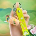 Cartoon ice cream cup keychain with yellow wish strap, rainbow, and brown bear pendant - Rainbow Ice Cream / Yellow