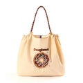 Bolso tote de nailon beige con bordado de dona de chocolate y asas de cuerda trenzada - Dónut Marrón Beige