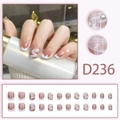 Pink French tips press-on nails with white abstract lines and 3D pearls, 24-piece set - Nude Pink French Pearl Lines (D236)