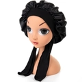 Black satin sleep bonnet with adjustable wide band and bow tie for hair protection - One Size / Black