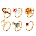 Set van 6 verstelbare kerstringen met emaille rendier- en kerstboommotieven voor dames - Kerst thema set / Goud