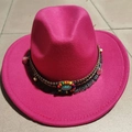 Rose red felt fedora hat with bohemian beaded band and turquoise stone detail - Ethnic Style / Rose Red