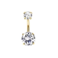 Gold belly ring with double-mounted clear round zircons in a curved barbell design - Style 4 4-Prong Zirconia