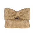 Handwoven straw handbag with a large bow decoration and sturdy top handle on white background - 24x6.5x14cm / Apricot
