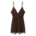 Detail showing deep brown satin fabric with delicate lace patchwork and V-neckline - S / Coffee