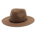 Detail of brown straw sun hat with faux leather band and metallic decorative rivets - M (56-58cm) / Brown