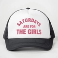 Detail of Saturdays Are For The Girls slogan printed on white foam trucker hat - Black and White