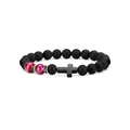 Matte black agate and tiger eye 8mm beaded bracelet with pink stones and a black cross - Rose Red