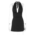 Chic black halter-neck mini dress with deep V-neckline and waist tie detailing - S / Black