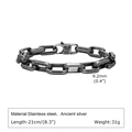 Minimalist ancient silver stainless steel square chain bracelet with 9.2mm links - Ancient Silver (21cm)