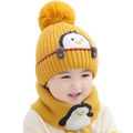 Toddler yellow knit hat and neck warmer set with penguin embroidery and pom-pom decor - Little Penguin Hat & Scarf Set - Yellow