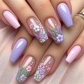 3D floral coffin press-on nails set with purple and pink relief flowers and tiny pearls - 3D Embossed Floral Lavender Pink Ballerina Style (JP3722)