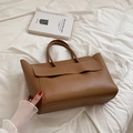 Caramel brown matte leather tote bag with flap closure and double handles for work - Brown