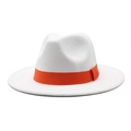 Detailed view of white wool fedora hat with a contrasting orange grosgrain ribbon band - White with Orange Ribbon