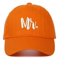 Detailed view of orange cotton baseball cap featuring 3D white Mr. embroidery - Orange Mr.