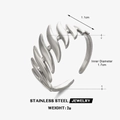 Adjustable silver tone stainless steel feather ring with detailed leaf texture finish - Silver