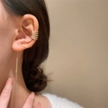 Elegant gold tassel earrings with zircon ear cuff on woman's ear profile view - Gold Five-row Rhinestone Tassel Ear Line Ear Cuff (2260)