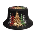Omkeerbare vissershoed met kerstboom luipaard- en ruitjesprint op zwarte stof - M(56-58cm) / Kerstboom