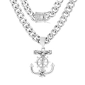 Silver Cuban link necklace featuring an iced-out anchor and cross pendant for men - Steel Color Necklace with Cross Anchor Pendant (KN230175-K)