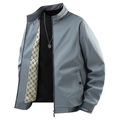 Men's grey blue stand collar jacket with monogram lining and sleek metal zipper - M / Tops / Lake Blue