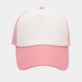 Close-up of pink and white trucker hat featuring breathable mesh and reinforced visor stitching - White with Pink Brim