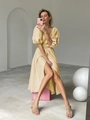 Elegant wrap-style light yellow cotton dress with puff sleeves and waist tie detail - L / Beige