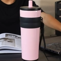 Pink stainless steel travel tumbler with black silicone sleeve and portable carry strap - Pink No Pendant