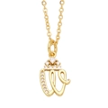 Detailed shot of gold-plated W letter pendant with crown and shimmering zircons - Letter W
