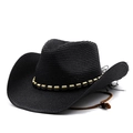 Détail d'un chapeau de cowboy en paille noire avec bande de perles et cordon réglable - M (56-58cm) / Noir