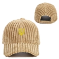 Beigefarbene Cord-Baseballkappe mit gelber Ukraine-Wappen-Stickerei in verschiedenen Ansichten - Verstellbar / Khaki