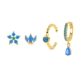 Detail of gold-plated earring set featuring light blue crystals and flower designs - Gold Sky Blue Gemstone Earring Set (#4)