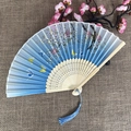 Blue folding fan with butterfly prints, bamboo ribs and matching blue silk tassel - No.21 Blue Gradient Flower Butterfly