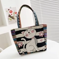 Ethnic rabbit embroidered canvas tote bag with black and white stripes and cat pattern - Black Striped Kitten
