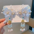 Blue translucent flower hair clip for kids with pearl tassels and golden leaf accents - Wangxinghe Blue Flower Clips