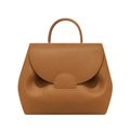 French style cognac pebbled leather handbag with curved flap and top handle design - No Gift Box / Camel / Large