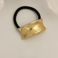 Minimalist black elastic hair tie with large curved gold mirror finish metal piece - Square Rolled Edge Glossy Gold